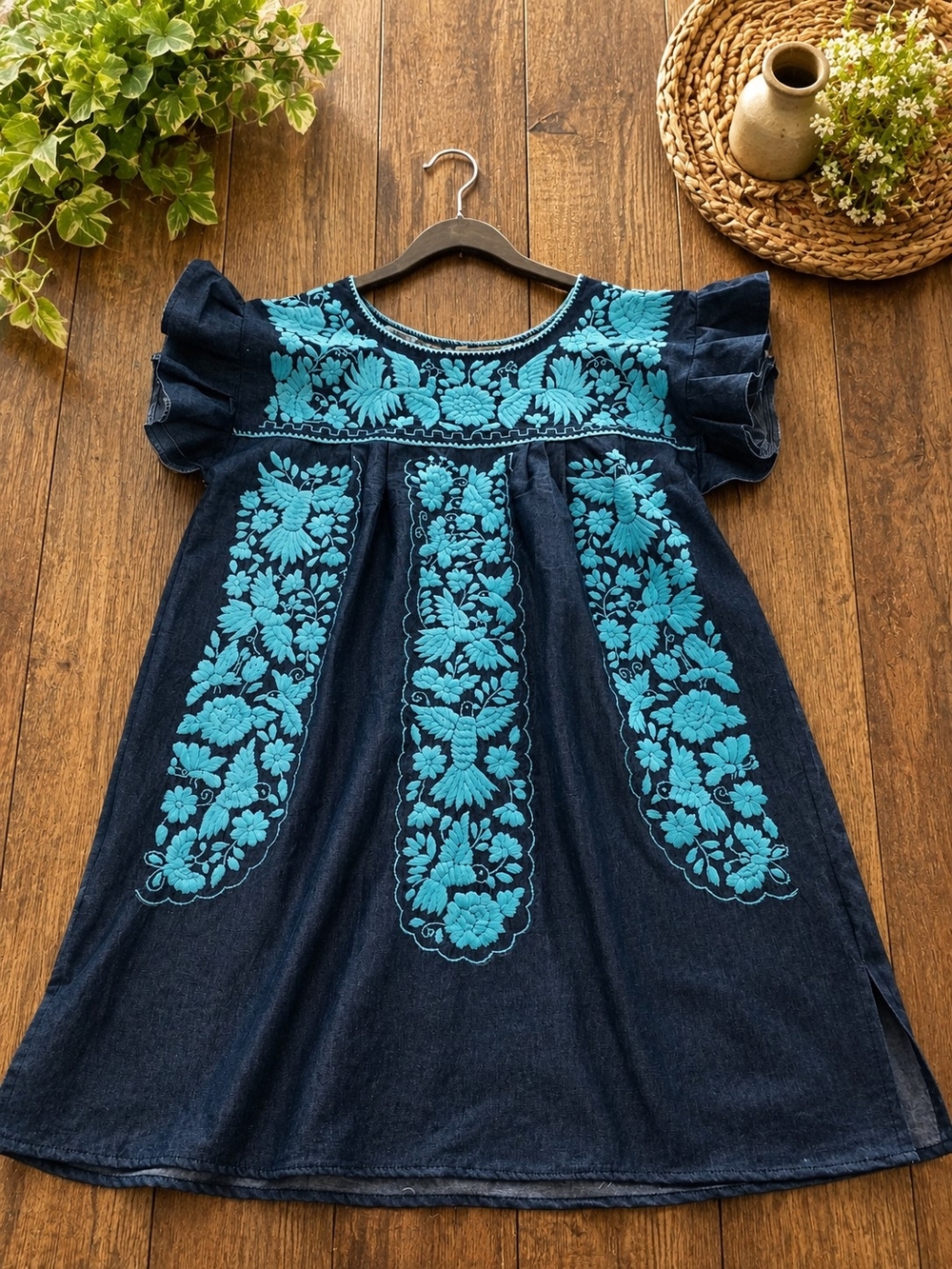 Women's Navy Denim Dress with Turquoise Floral Embroidery